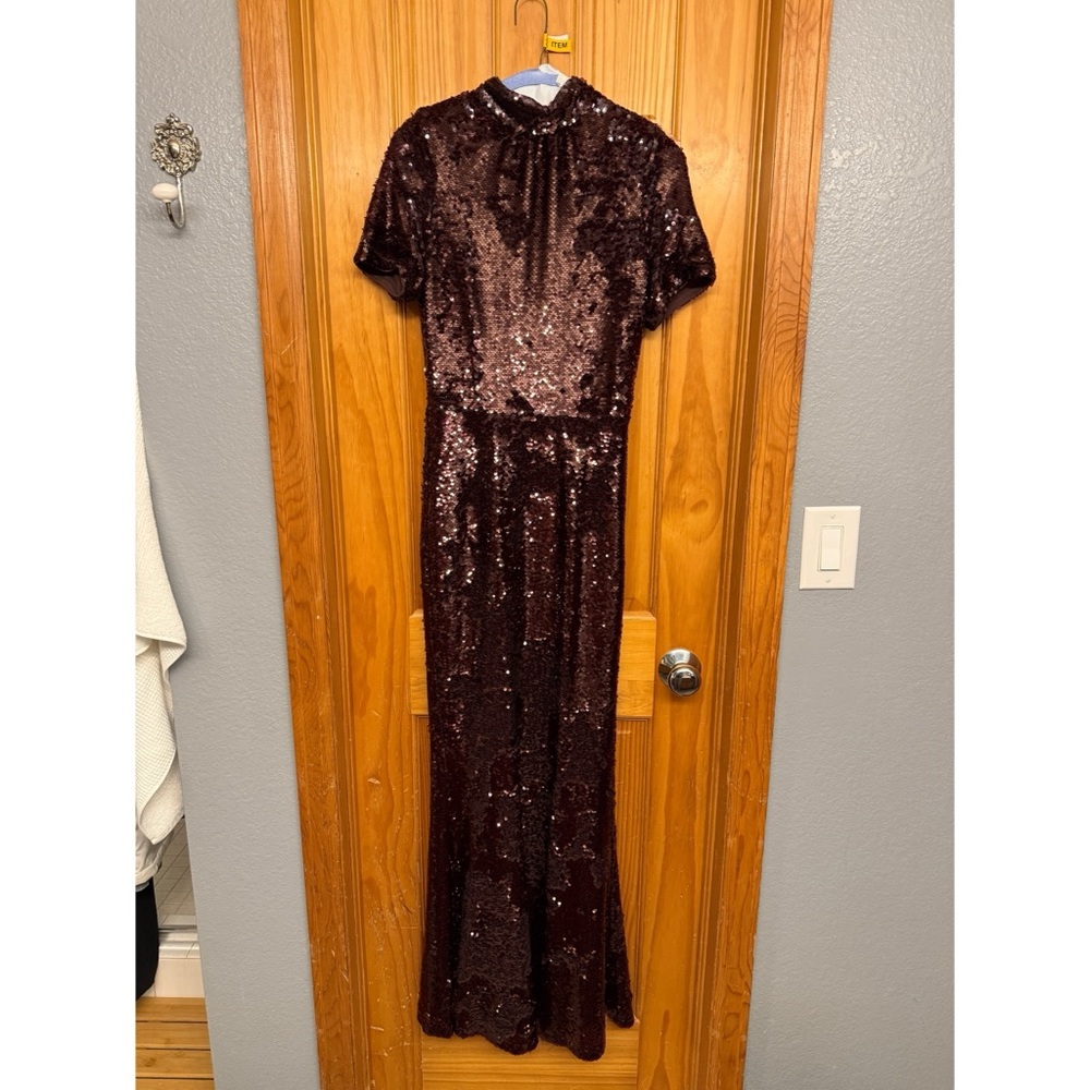 Self-Portrait Sequin Embellished Gown in Brown Short Sleeve Evening Maxi Dress 0 - Picture 8 of 10